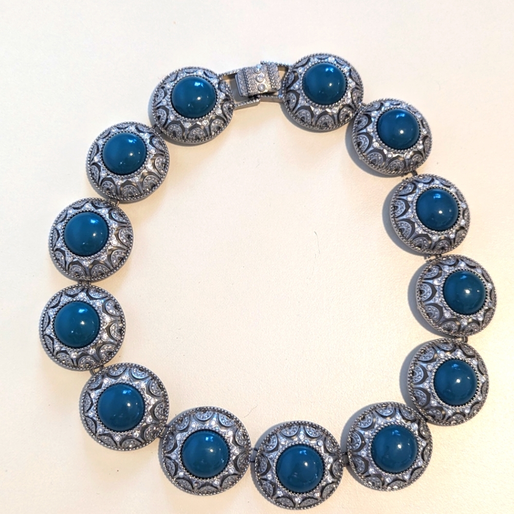 Lia Sophia Red Carpet "Electra" Antiqued Silver Tone & Crystals Teal Necklace